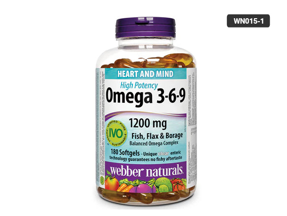 Webber Naturals Omega 3-6-9 1200 mg 180 Softgels – essential fatty acid with fish, flax, and borage oils for heart, brain, and joint health.